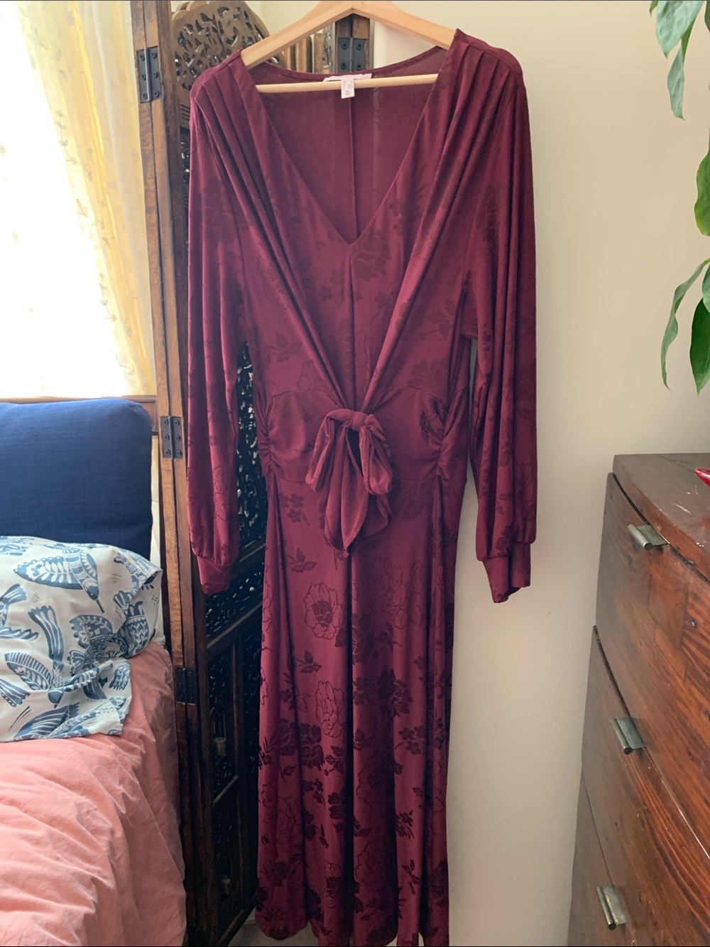 Addition Elle Burgundy Floral  V-Neck Long Dress